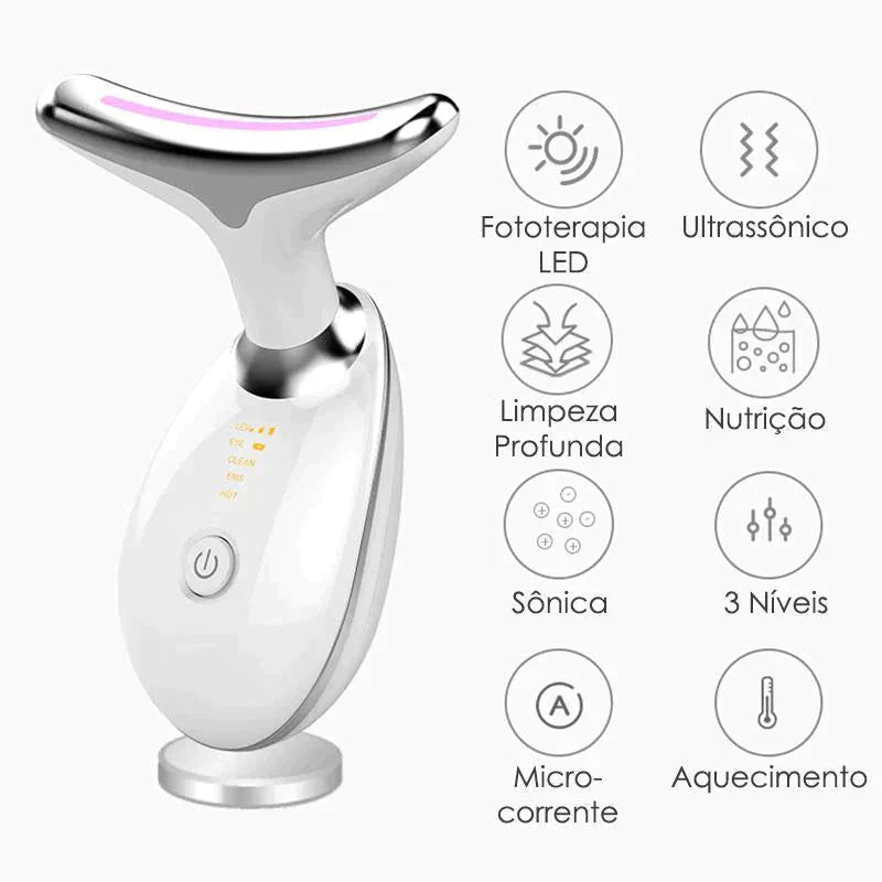 Massageador Facial com Led Terapia MicroGlow™ 3 em 1 - Acaba com Manchas, Impurezas e Papada (ÚLTIMAS UNIDADES)
